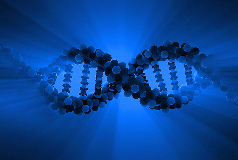 Illustration of twisted DNA molecule in blue tint. 